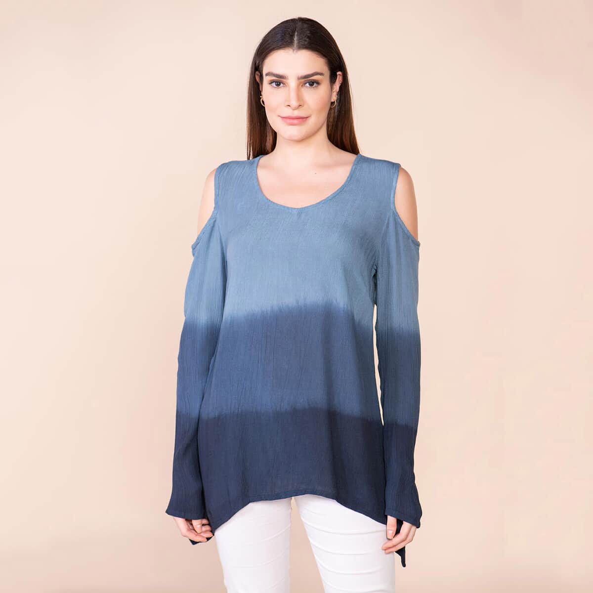 Tamsy Navy Blue Rayon Crepe Ombre Top - L image number 2