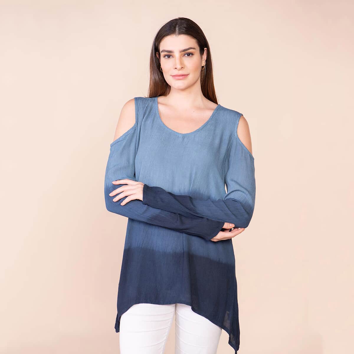 Tamsy Navy Blue Rayon Crepe Ombre Top - L image number 3