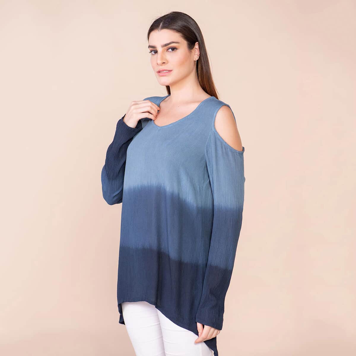 Tamsy Navy Blue Rayon Crepe Ombre Top - L image number 4