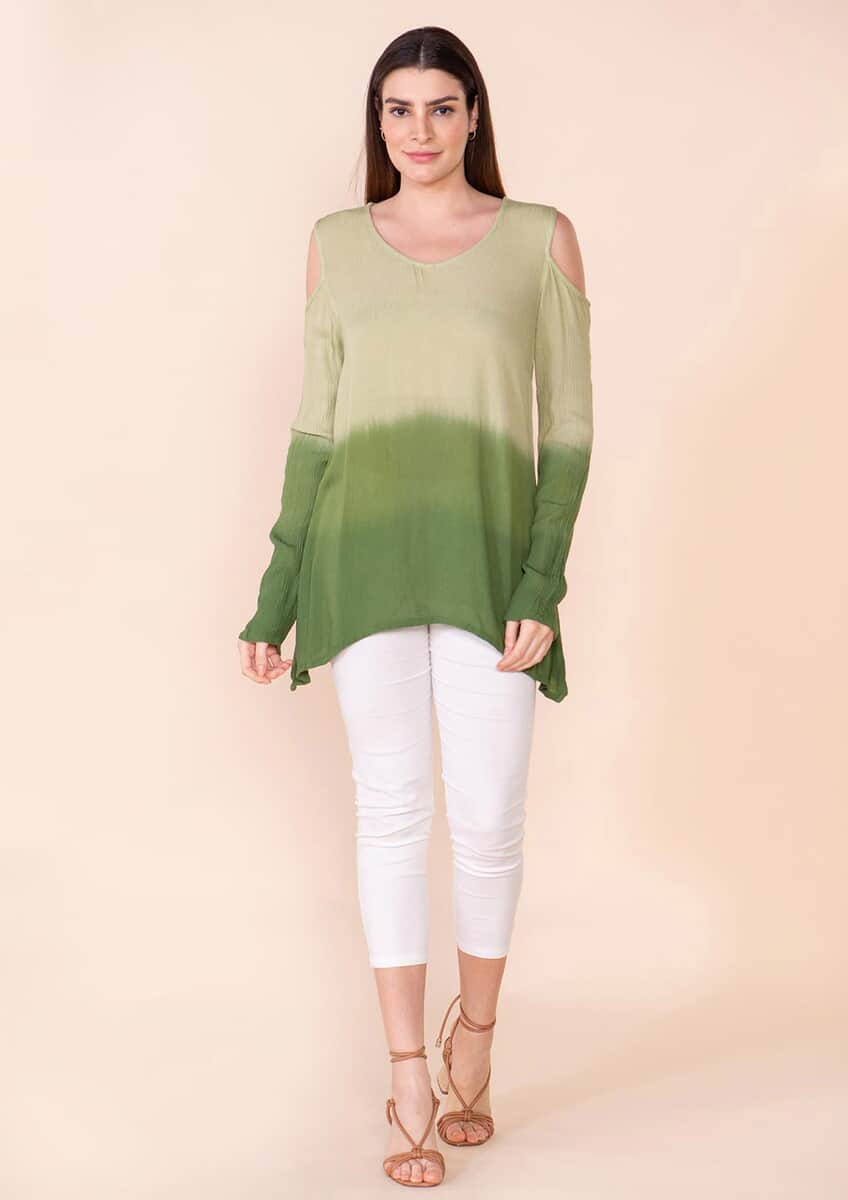 Tamsy Olive Drab Rayon Crepe Ombre Top - L image number 0