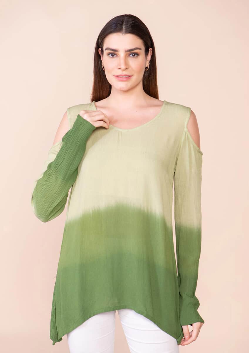 Tamsy Olive Drab Rayon Crepe Ombre Top - L image number 2