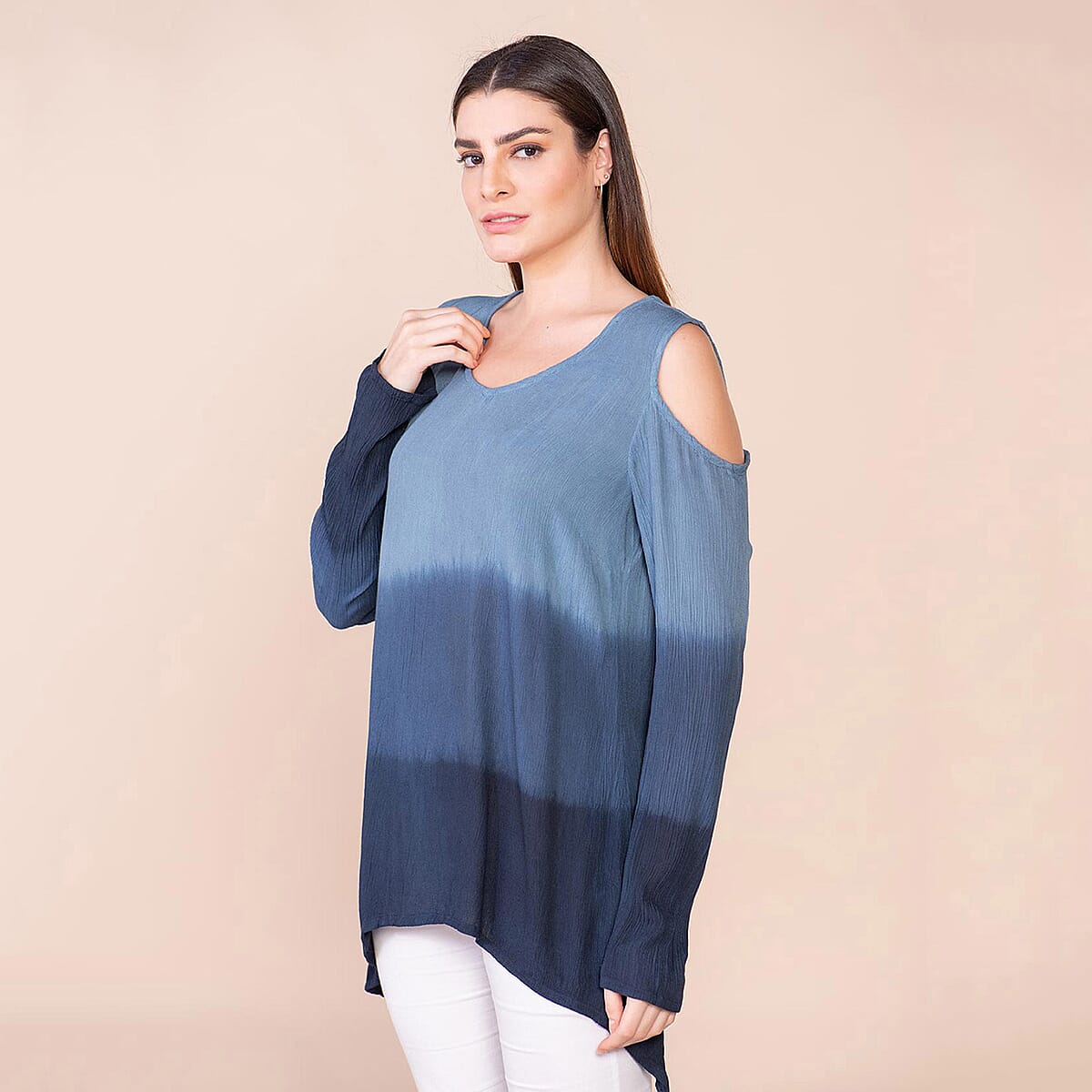 Tamsy Navy Blue Rayon Crepe Ombre Top - S image number 4