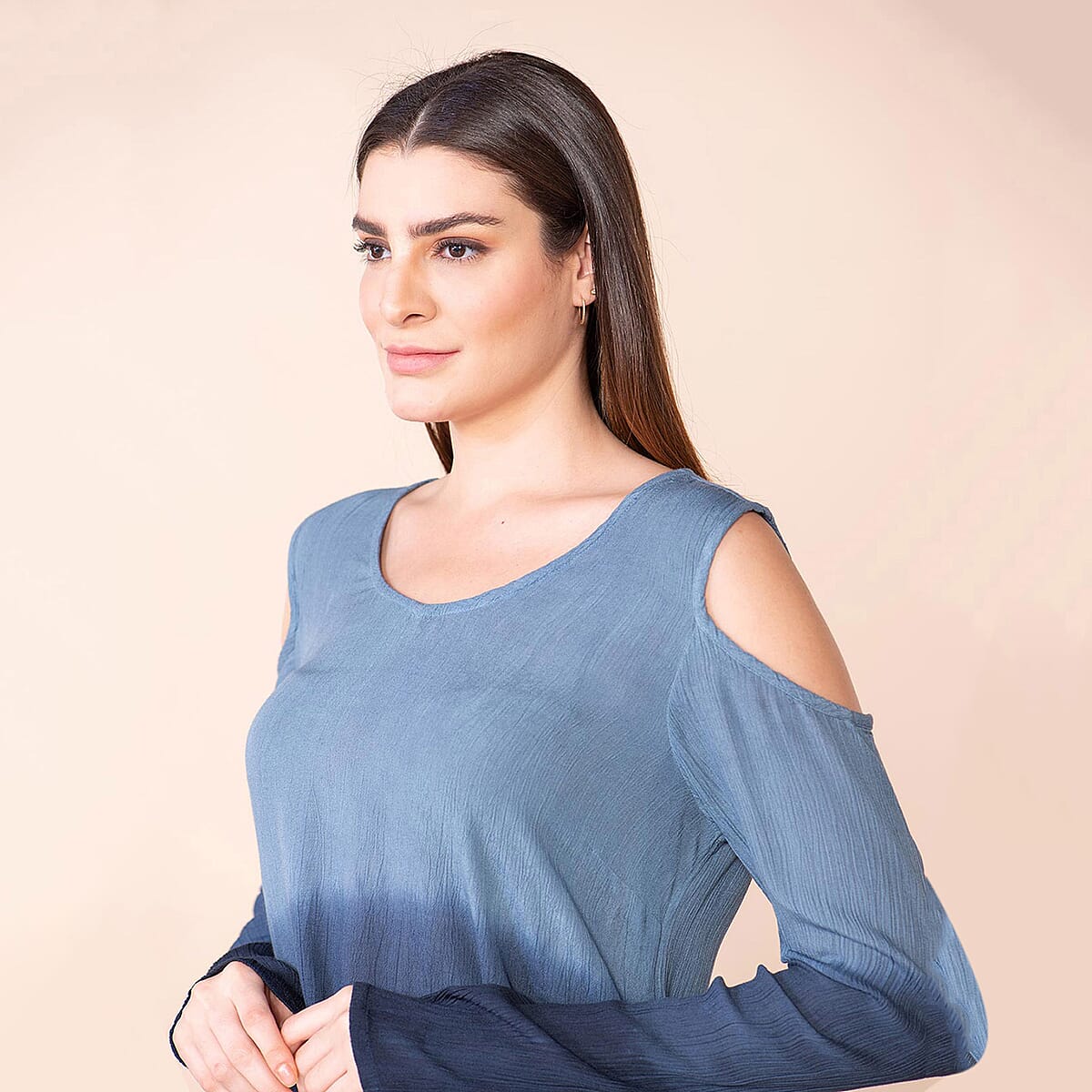 Tamsy Navy Blue Rayon Crepe Ombre Top - S image number 5