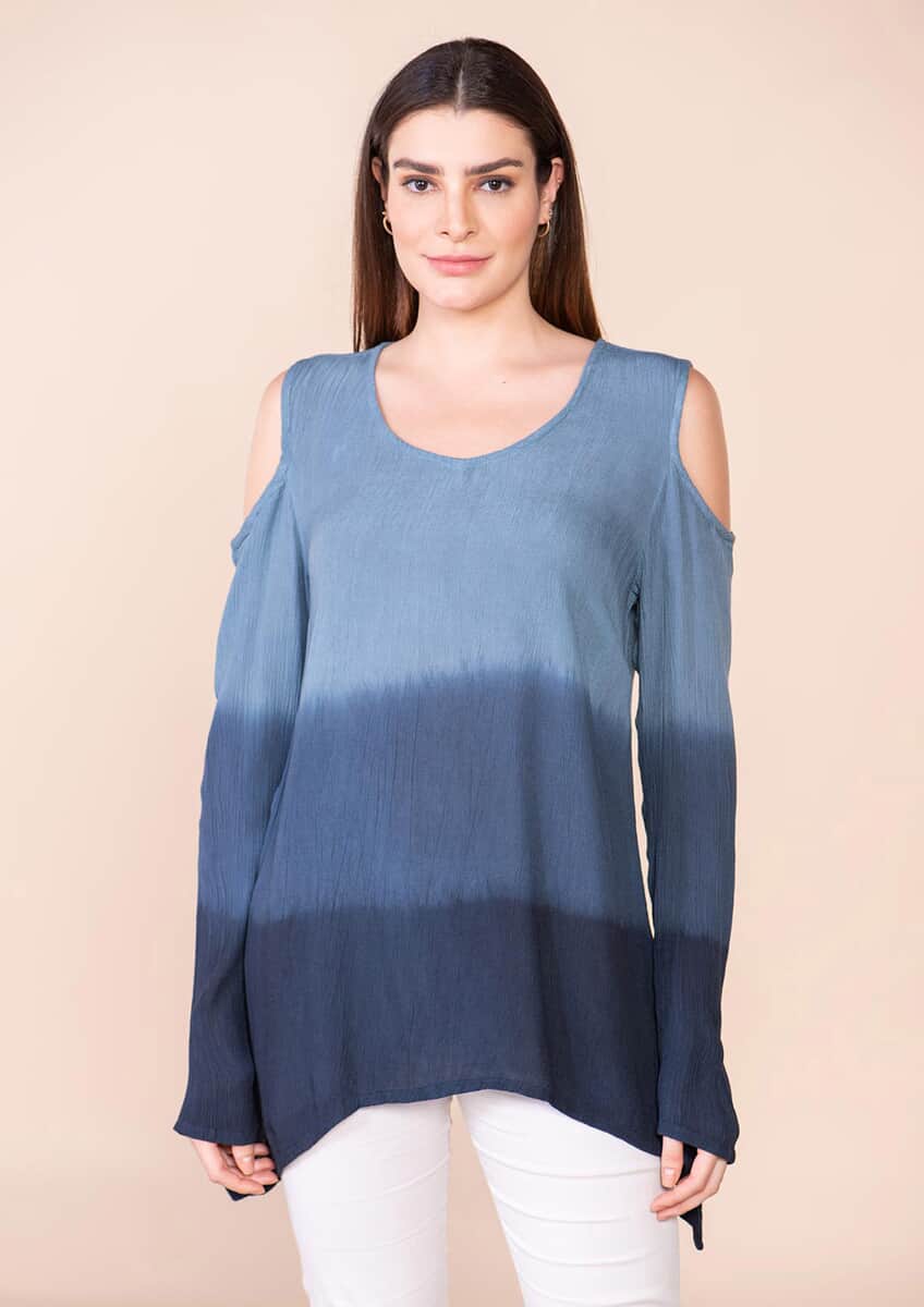 Tamsy Navy Blue Rayon Crepe Ombre Top - XL image number 2