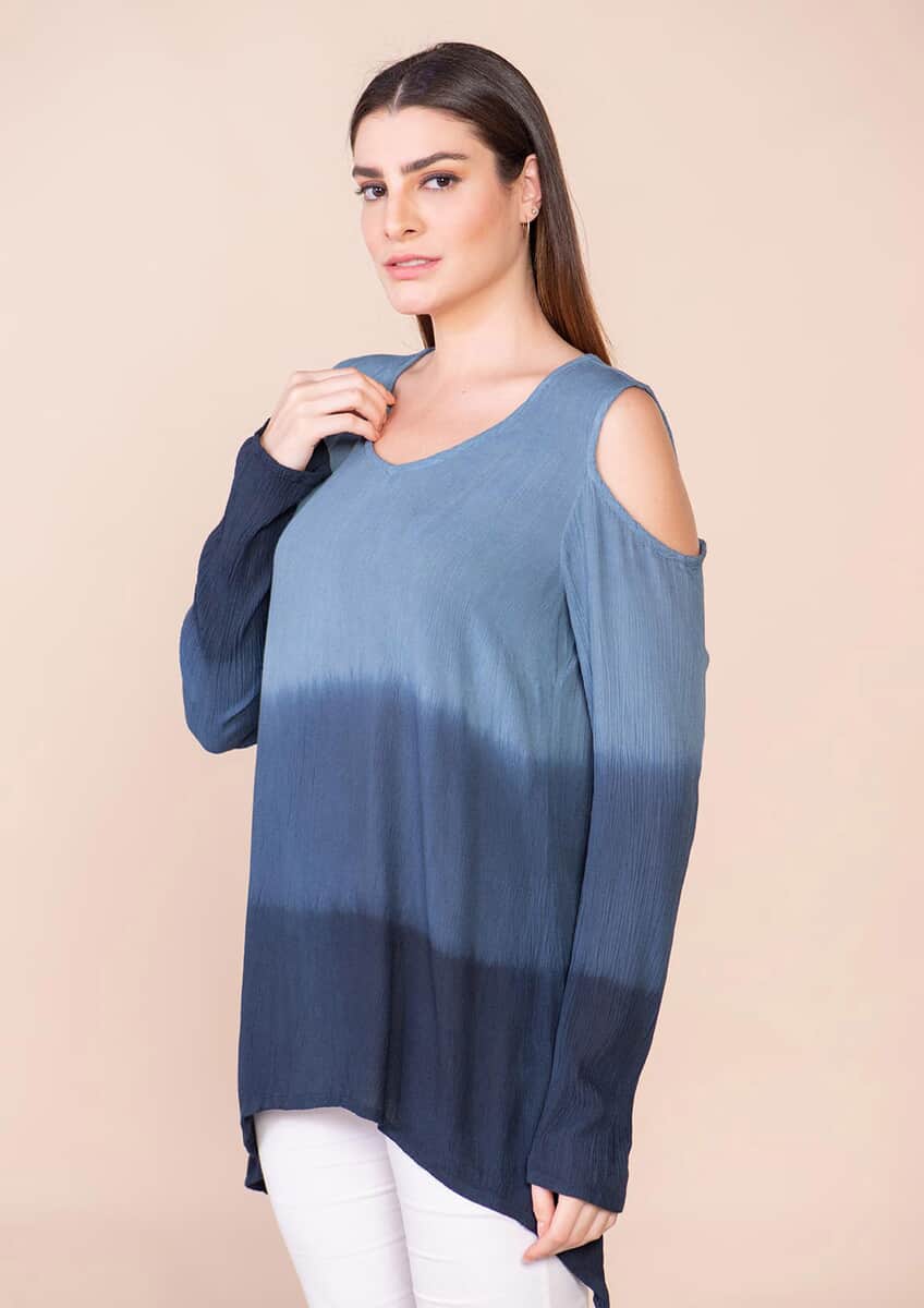 Tamsy Navy Blue Rayon Crepe Ombre Top - XL image number 4