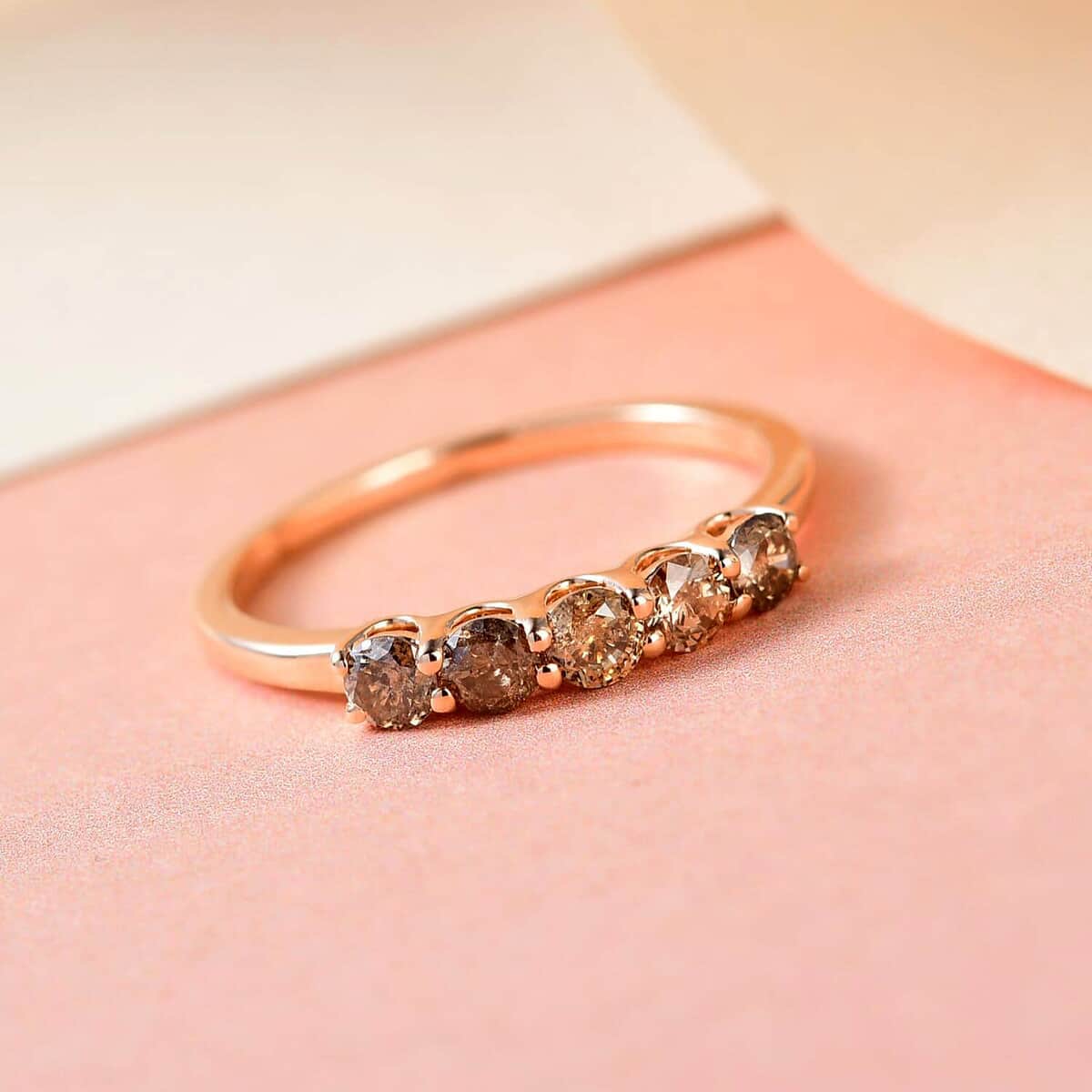 Luxoro  I3 Natural Champagne Diamond Ring, 10K Rose Gold Ring, Diamond 5 Stone Ring, Diamond Jewelry For Her, Gold Gifts 0.50 ctw image number 1