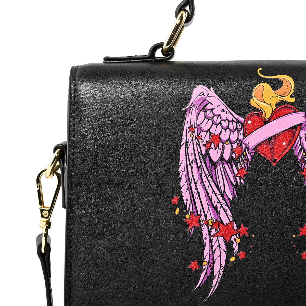 Black Color Angel Wings Pattern Genuine Leather Tote Bag image number 3