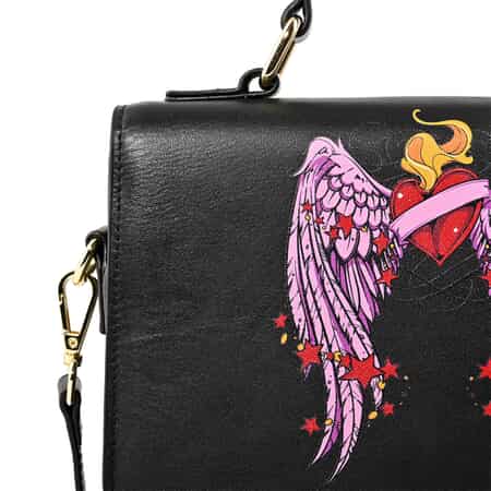 Black Color Angel Wings Pattern Genuine Leather Tote Bag image number 3