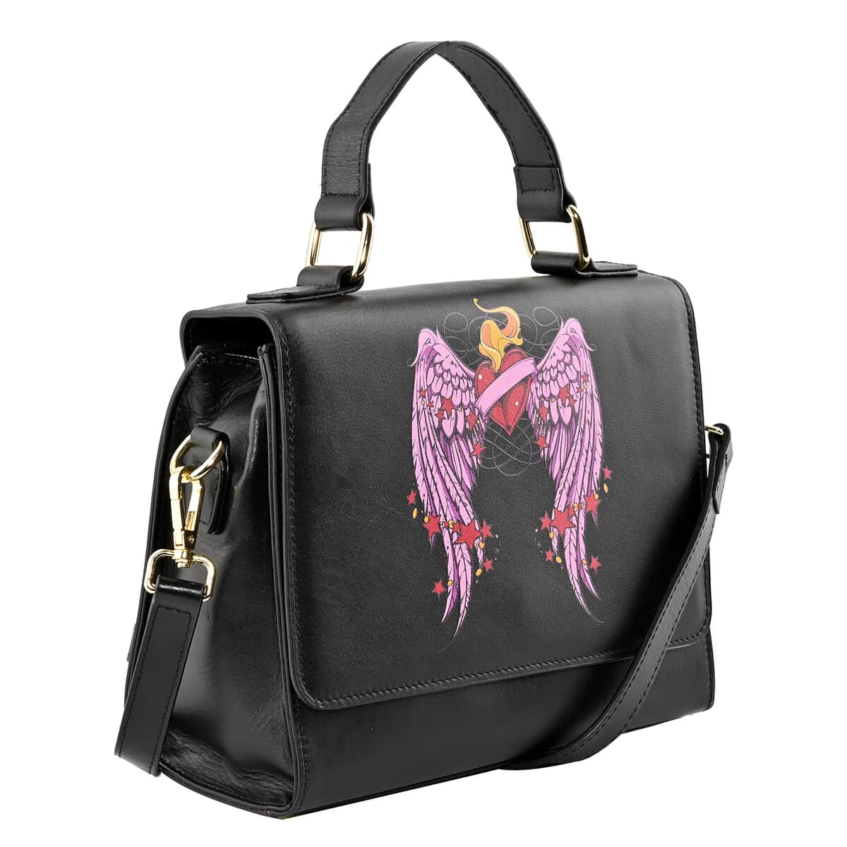 Black Color Angel Wings Pattern Genuine Leather Tote Bag image number 4