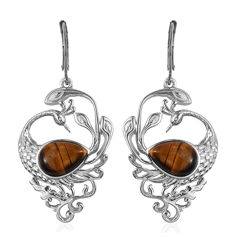 Tiger's Eye Peacock Earrings in Platinum Over Copper With Magnet and Stainless Steel 8.20 ctw