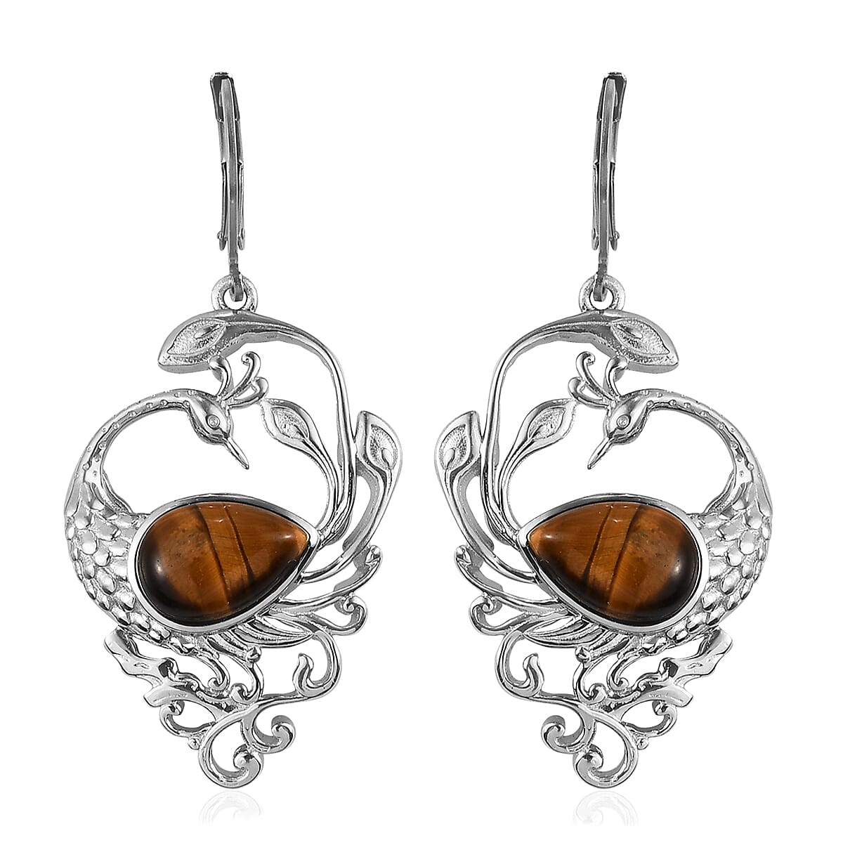 South African Tiger's Eye Peacock Earrings in Platinum Over Copper With Magnet and Stainless Steel 8.20 ctw image number 0