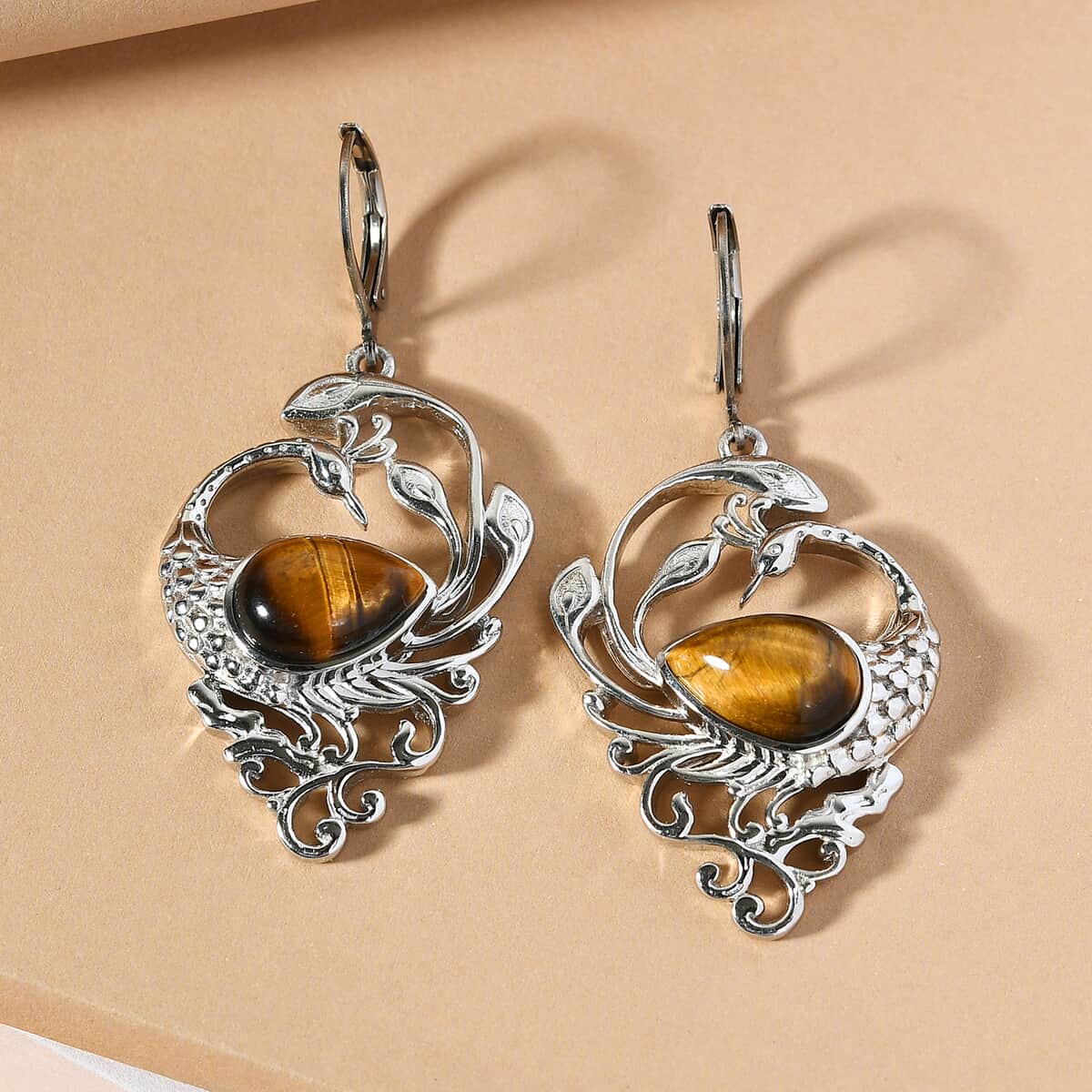 South African Tiger's Eye Peacock Earrings in Platinum Over Copper With Magnet and Stainless Steel 8.20 ctw image number 1