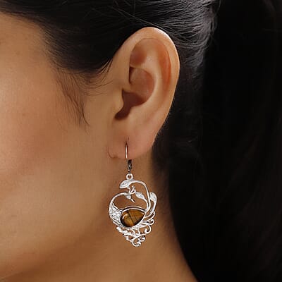 Tiger's Eye Peacock Earrings in Platinum Over Copper With Magnet and Stainless Steel 8.20 ctw