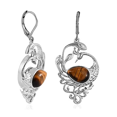 Tiger's Eye Peacock Earrings in Platinum Over Copper With Magnet and Stainless Steel 8.20 ctw