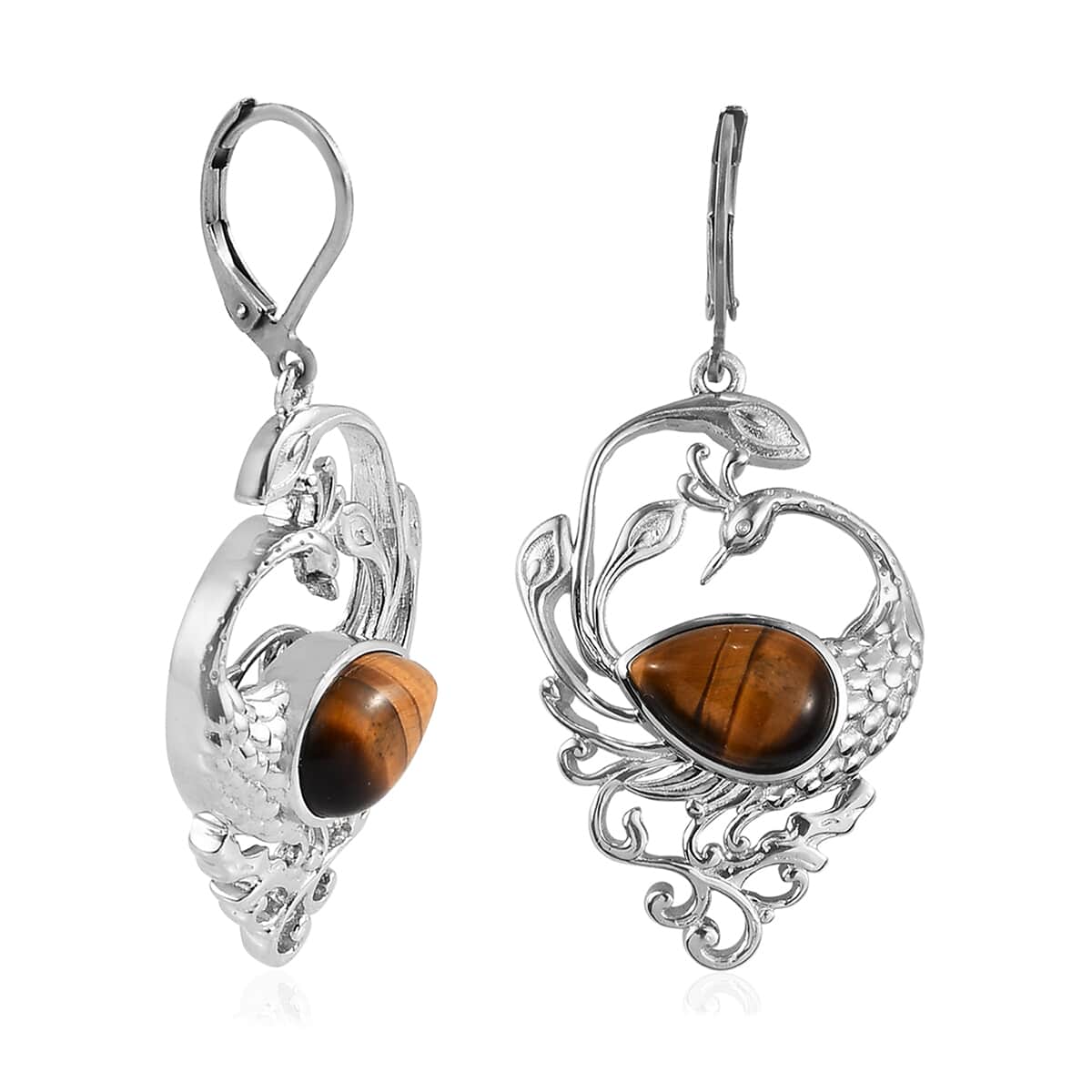 South African Tiger's Eye Peacock Earrings in Platinum Over Copper With Magnet and Stainless Steel 8.20 ctw image number 3