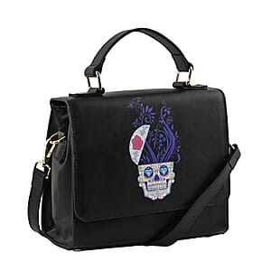 Black Color Whimsical Skull Pattern Genuine Leather Tote Bag