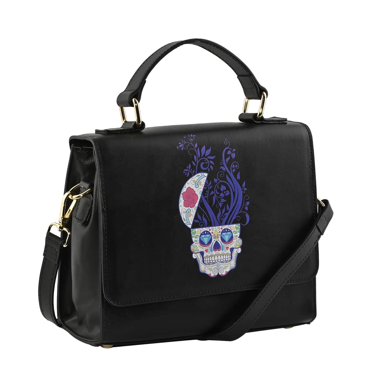 Black Color Whimsical Skull Pattern Genuine Leather Tote Bag image number 0