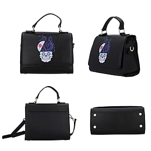 Black Color Whimsical Skull Pattern Genuine Leather Tote Bag
