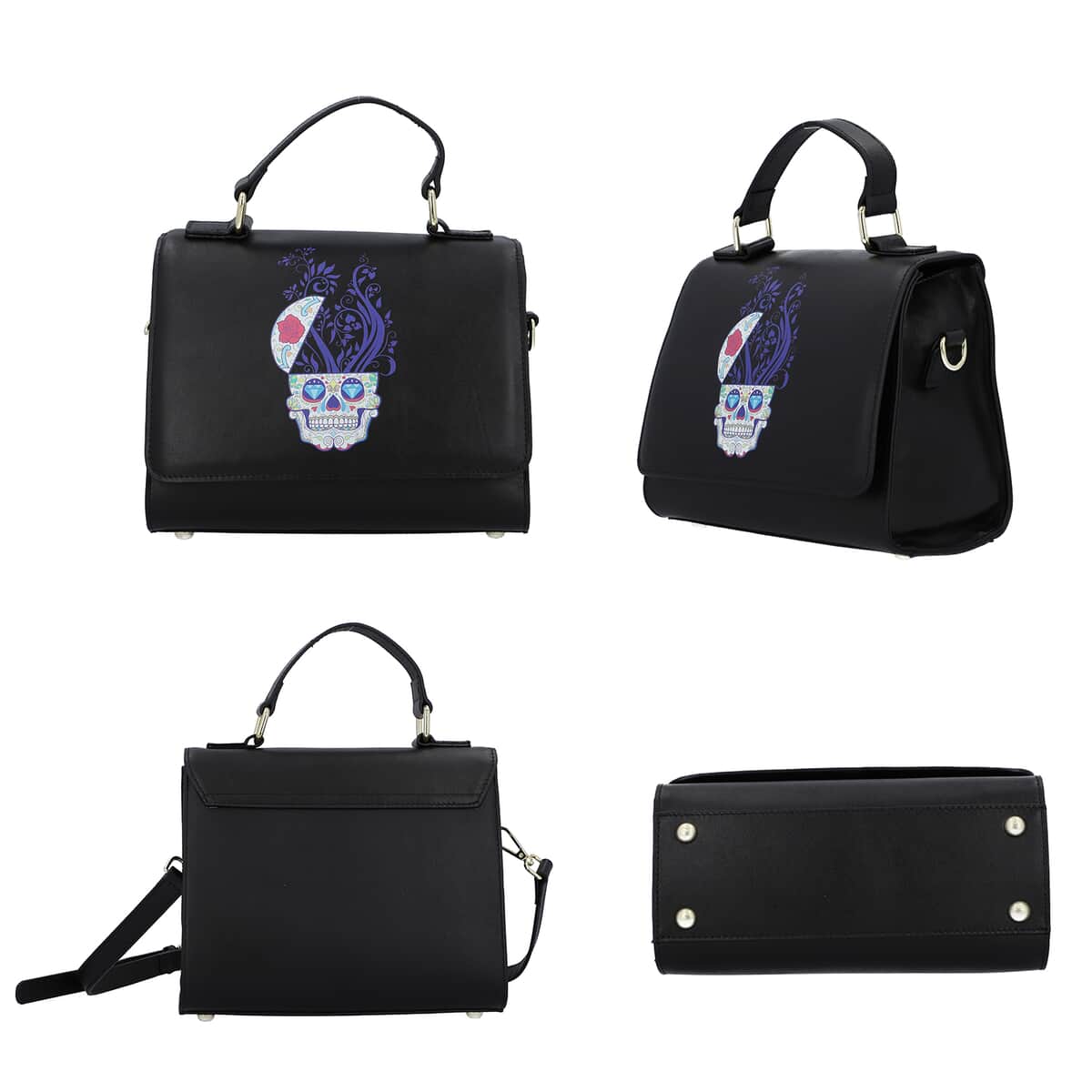 Black Color Whimsical Skull Pattern Genuine Leather Tote Bag image number 1