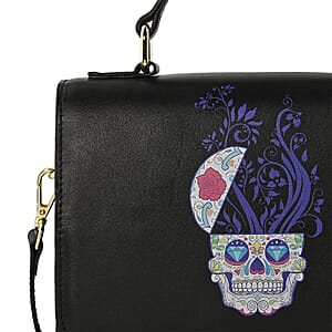 Black Color Whimsical Skull Pattern Genuine Leather Tote Bag