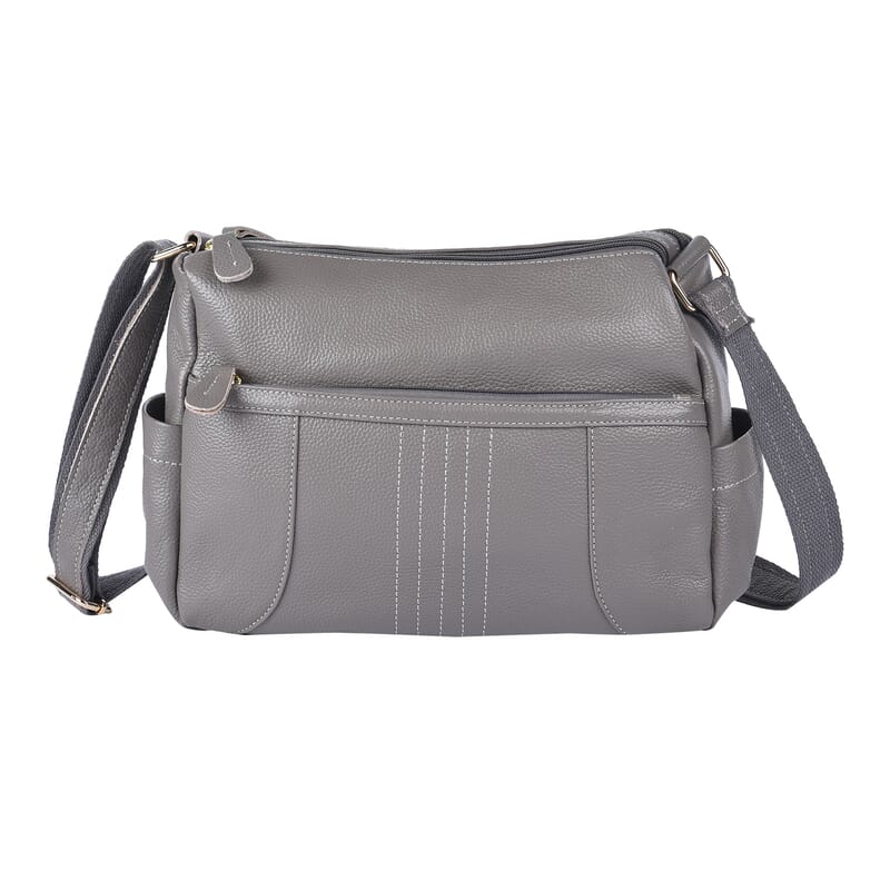 Gray Color Durable Genuine Leather Crossbody Bag with Shoulder Strap