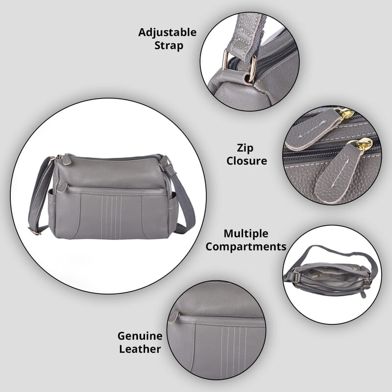 Gray Color Durable Genuine Leather Crossbody Bag with Shoulder Strap