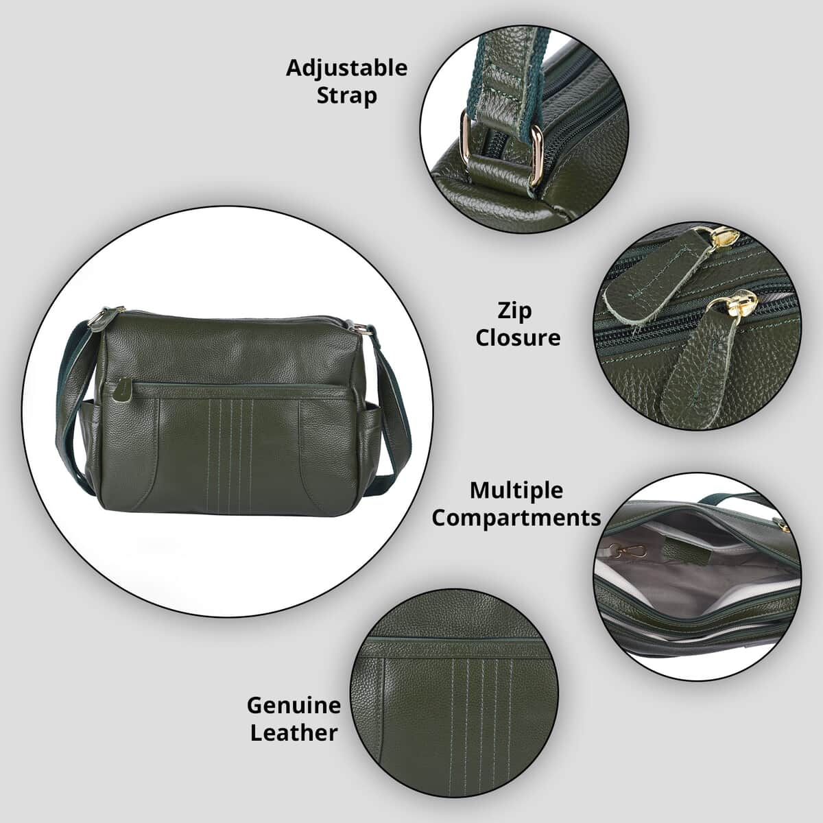Dark Green Color Durable Genuine Leather Crossbody Bag with Shoulder Strap image number 1