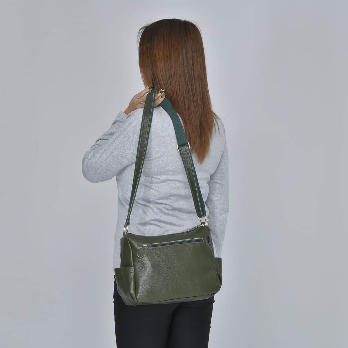 Dark Green Color Durable Genuine Leather Crossbody Bag with Shoulder Strap image number 5