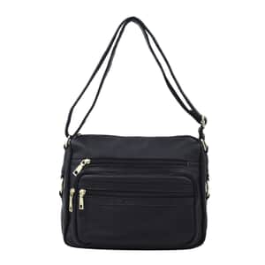 Black Color Multi Pocket Genuine Leather Crossbody Bag with Shoulder Strap