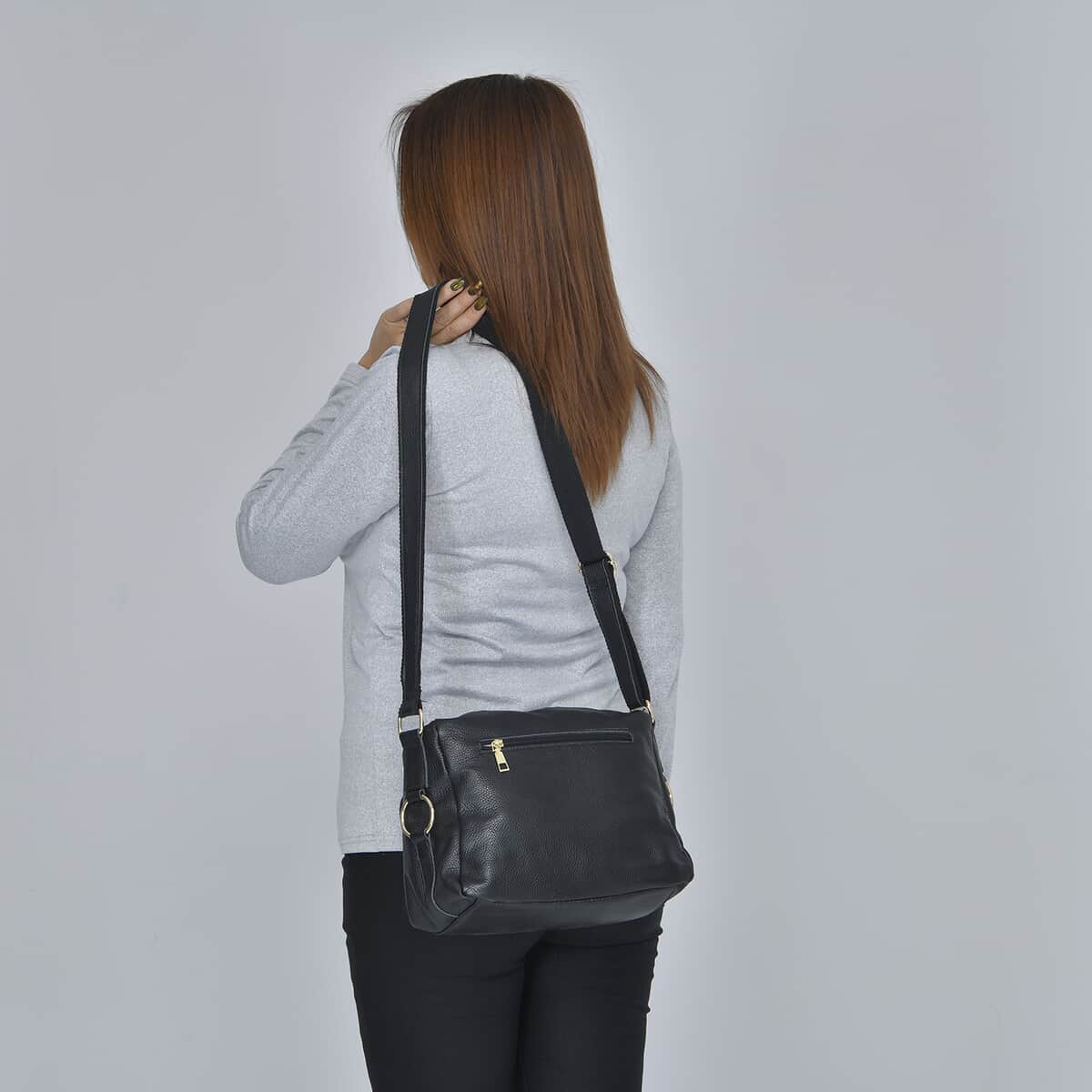 Black Color Multi Pocket Genuine Leather Crossbody Bag with Shoulder Strap image number 2