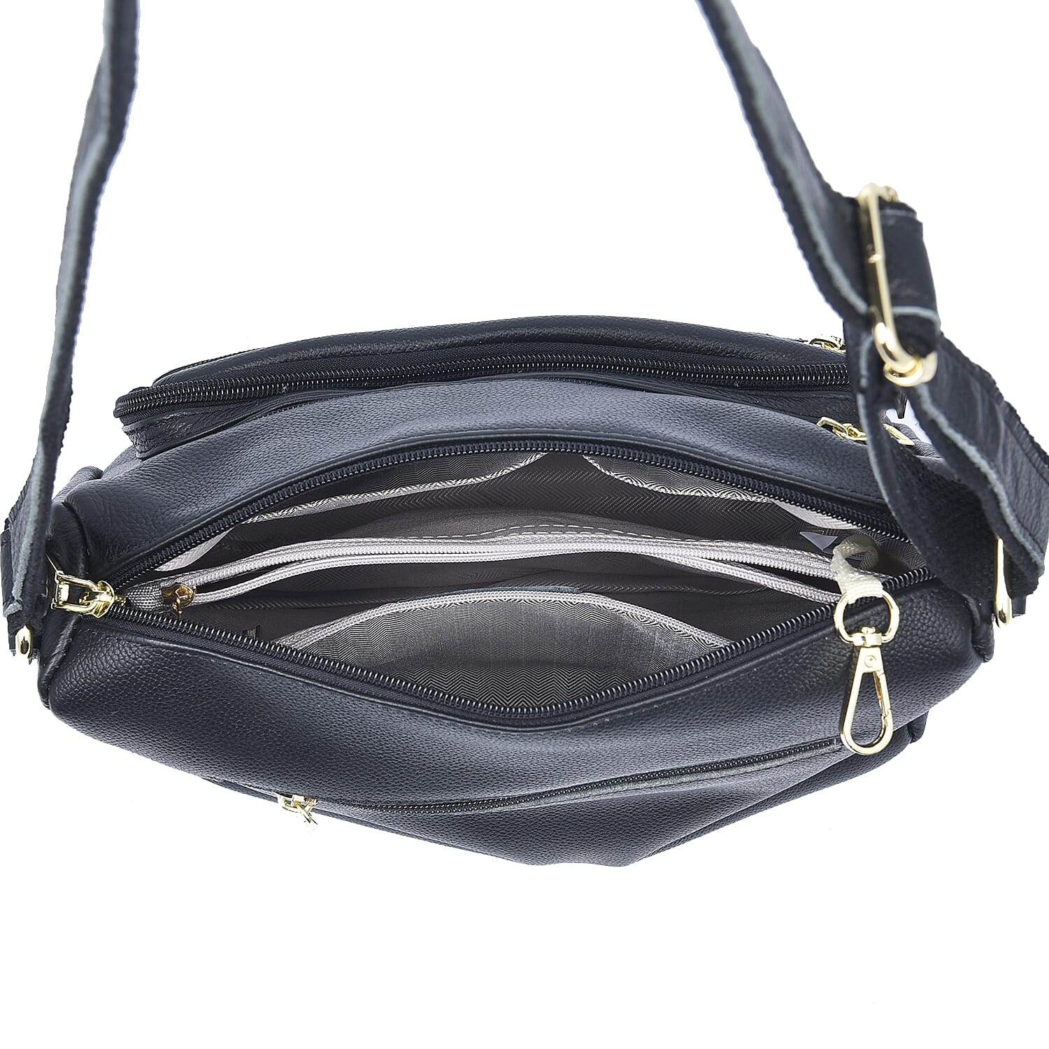 Black Color Multi Pocket Genuine Leather Crossbody Bag with Shoulder Strap