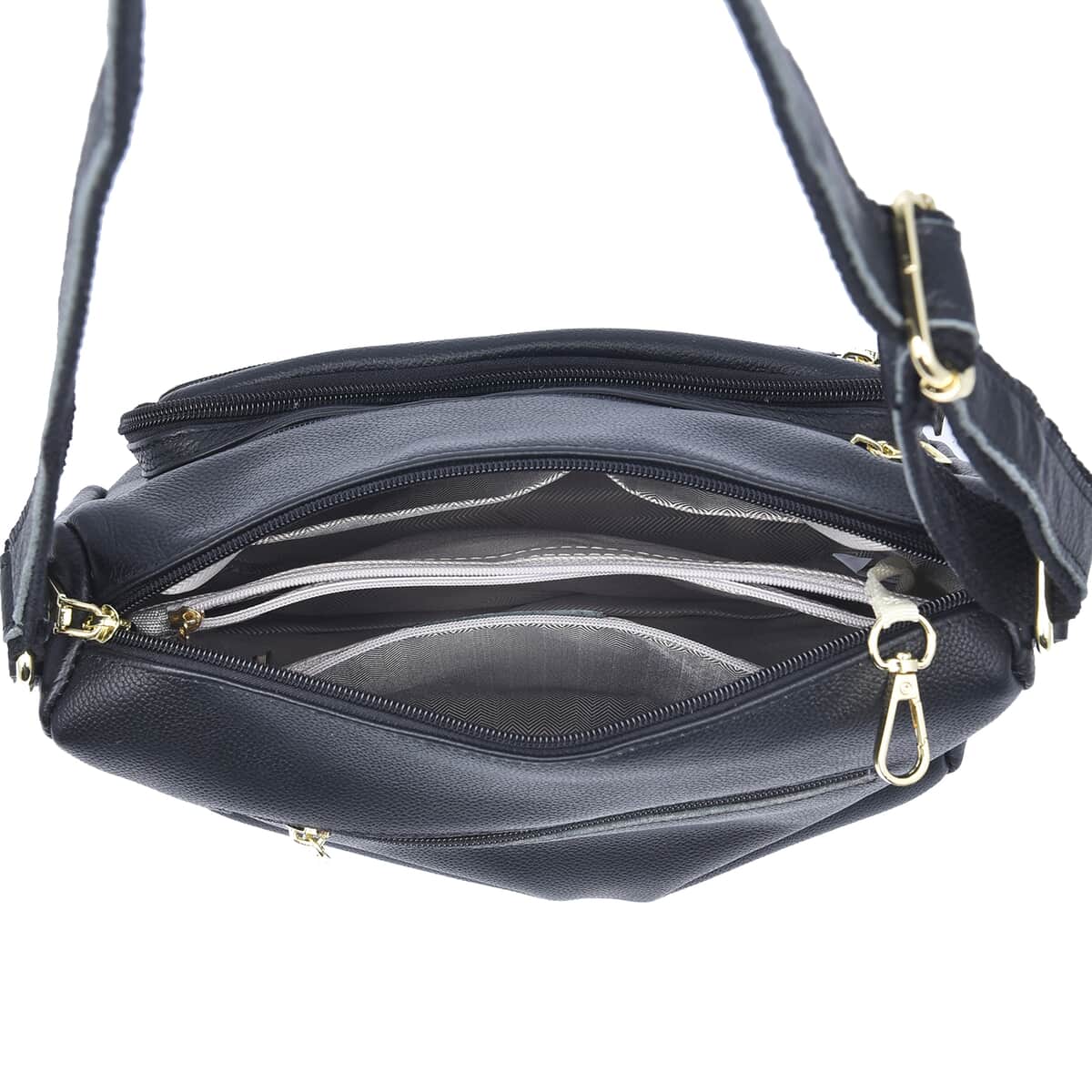 Black Color Multi Pocket Genuine Leather Crossbody Bag with Shoulder Strap image number 5