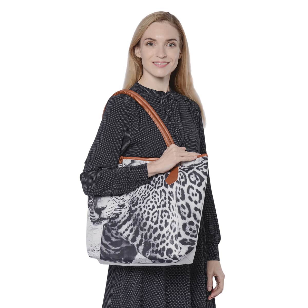 PASSAGE White and Black Realistic Leopard Pattern Polyester Tote Bag (16.54"x4.33"x14") with Handle Drop image number 1