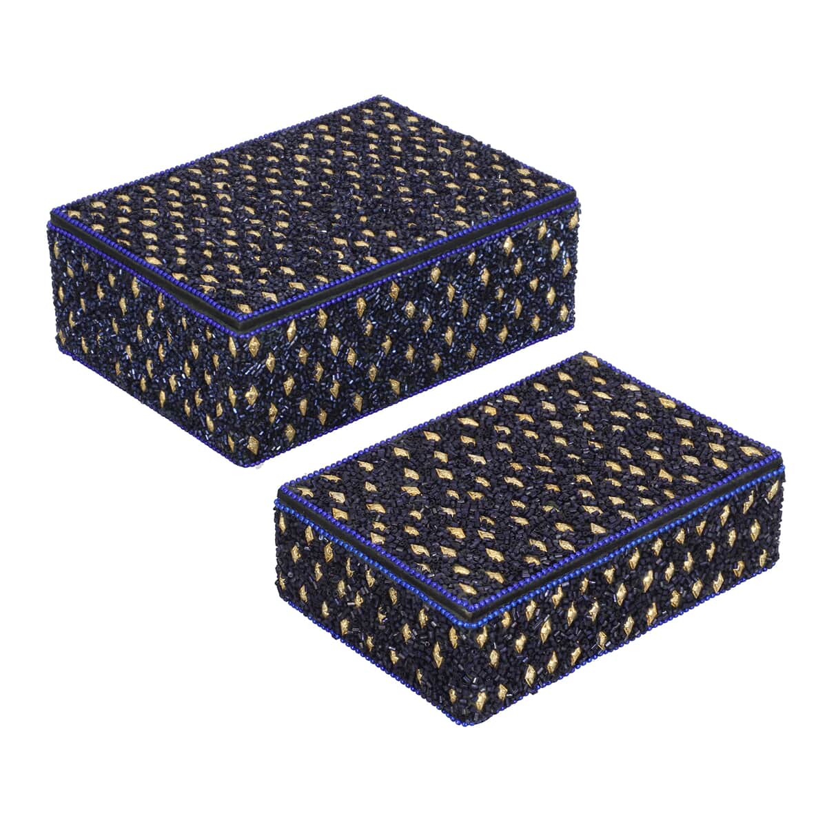 Handcrafted Set of 2 Navy Blue Beaded Decorated Nested Box (7"x 2.5", 6"x2") image number 0