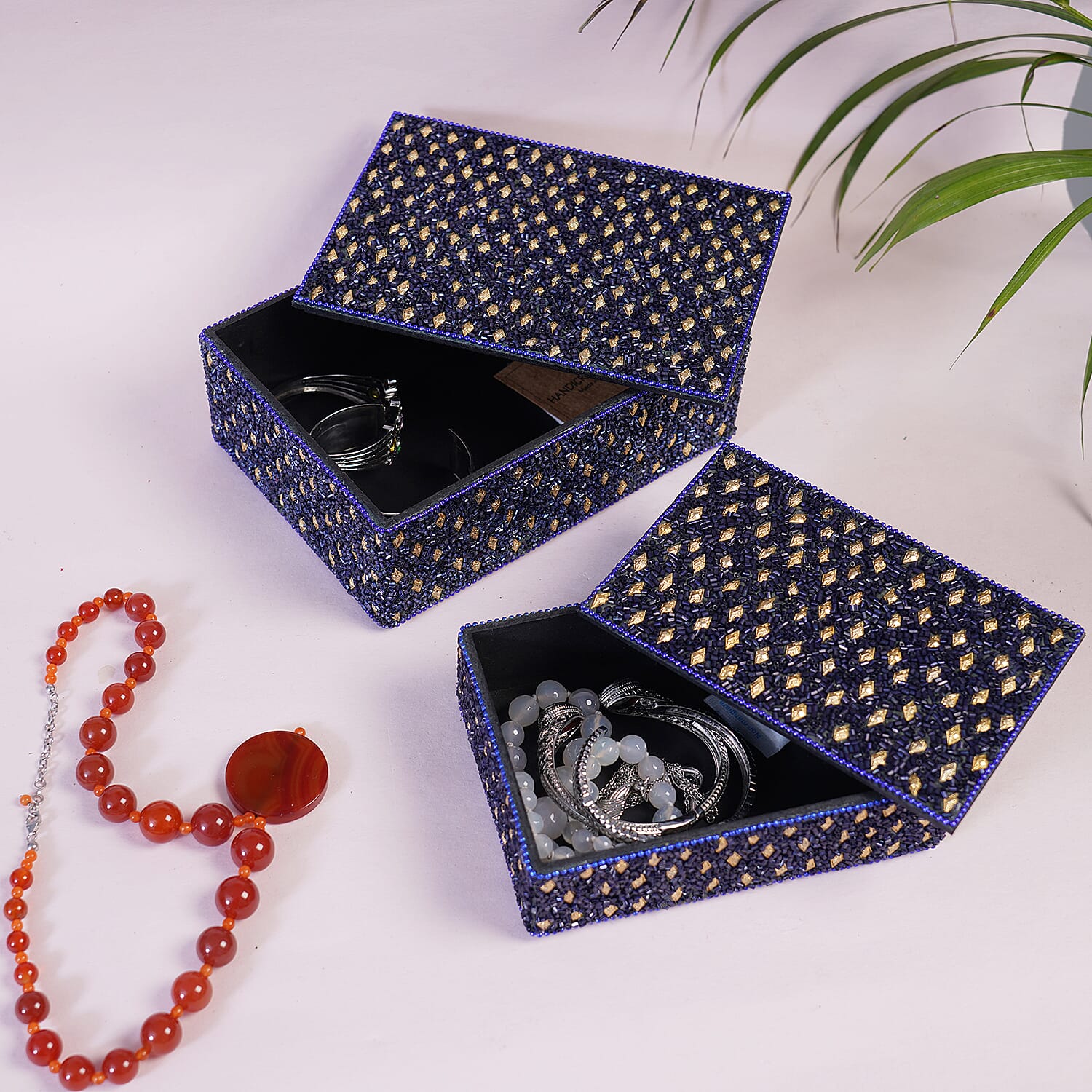 Handcrafted Set of 2 Navy Blue Beaded Decorated Nested Box