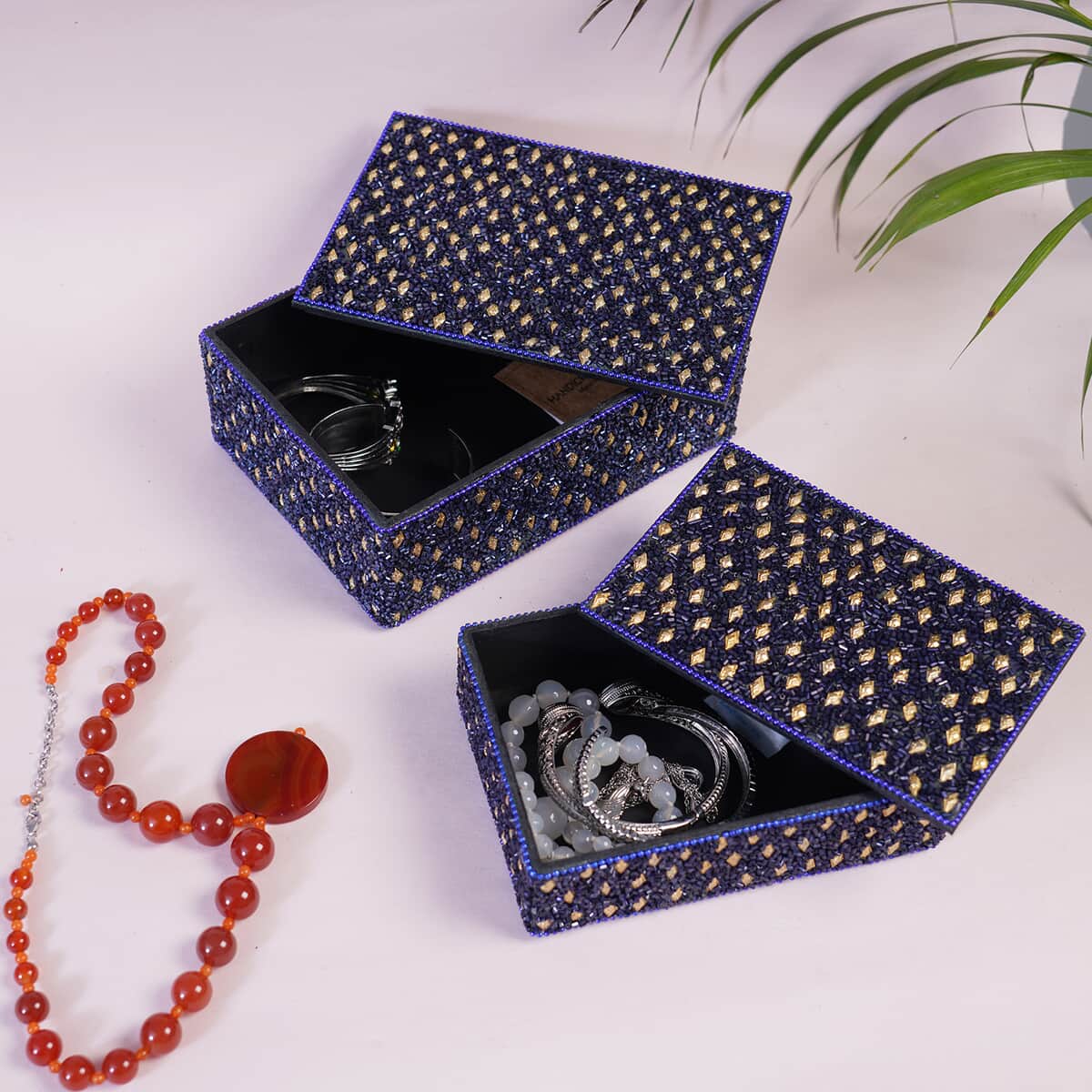 Handcrafted Set of 2 Navy Blue Beaded Decorated Nested Box (7"x 2.5", 6"x2") image number 1