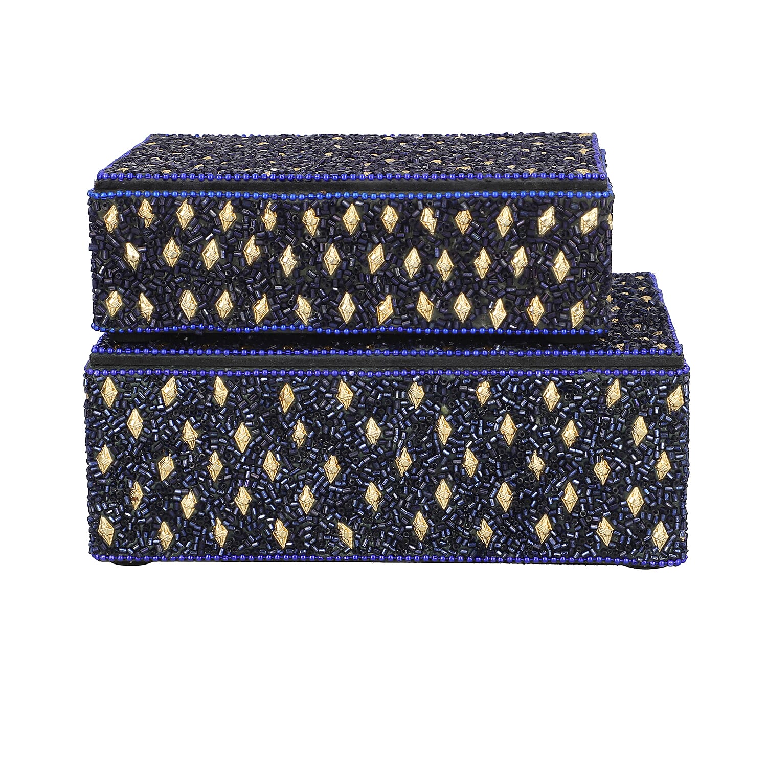 Handcrafted Set of 2 Navy Blue Beaded Decorated Nested Box