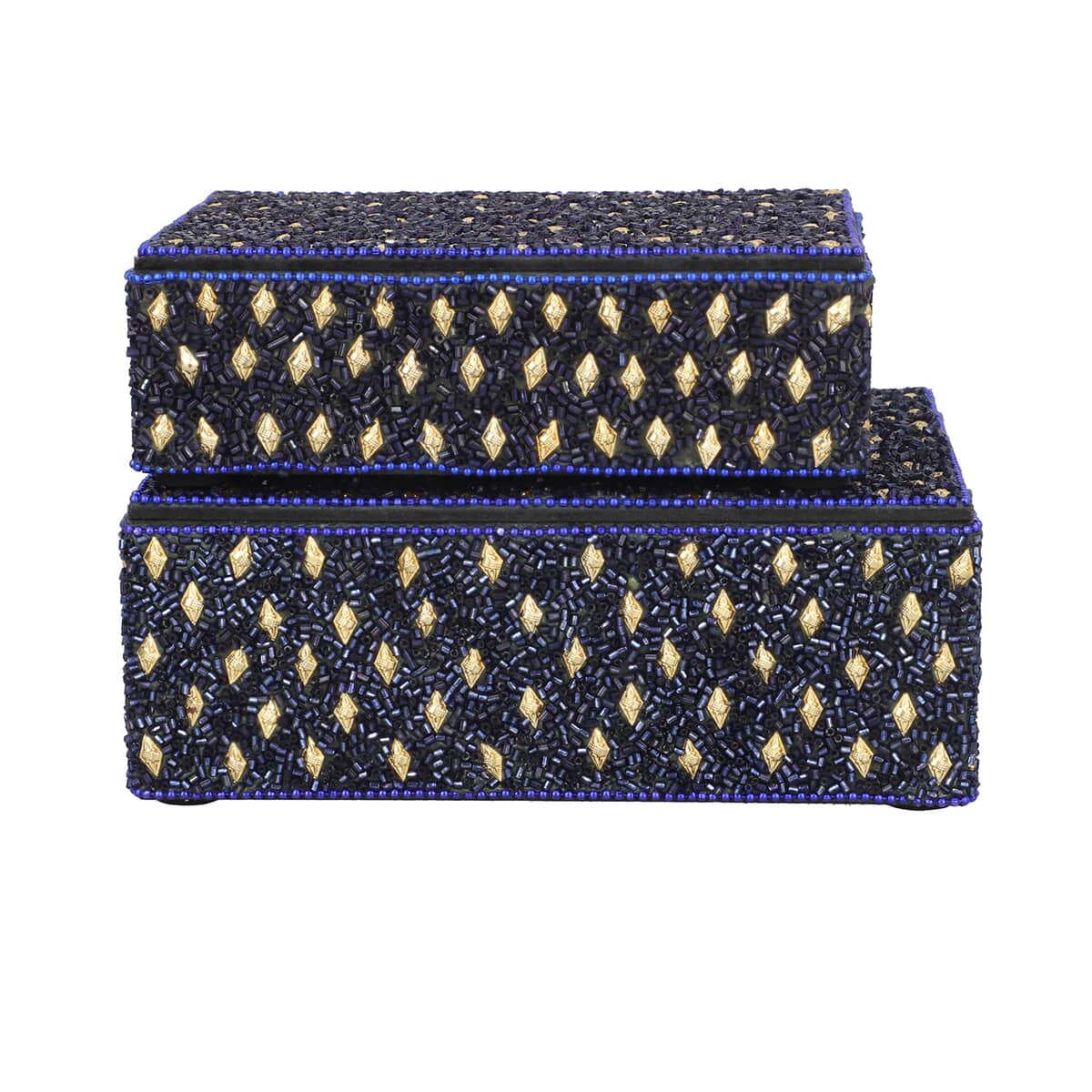 Handcrafted Set of 2 Navy Blue Beaded Decorated Nested Box (7"x 2.5", 6"x2") image number 2