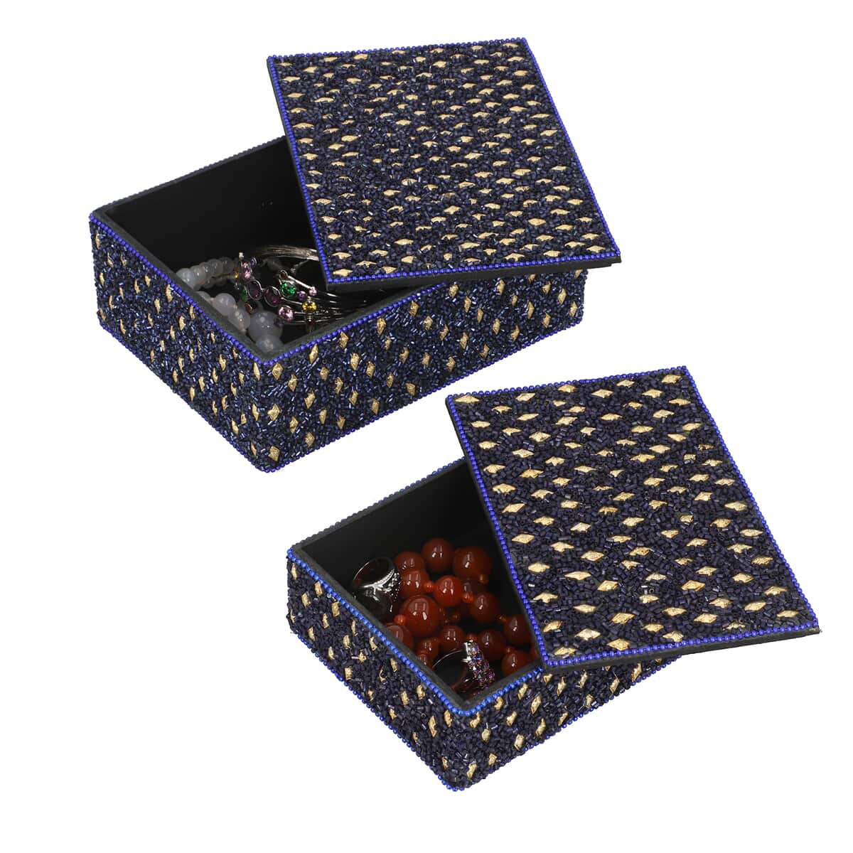 Handcrafted Set of 2 Navy Blue Beaded Decorated Nested Box (7"x 2.5", 6"x2") image number 3