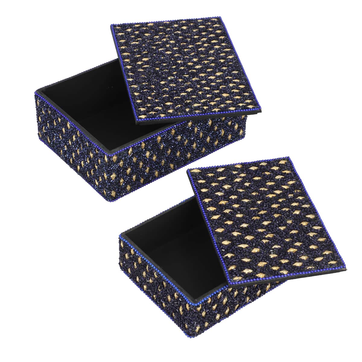 Handcrafted Set of 2 Navy Blue Beaded Decorated Nested Box (7"x 2.5", 6"x2") image number 4