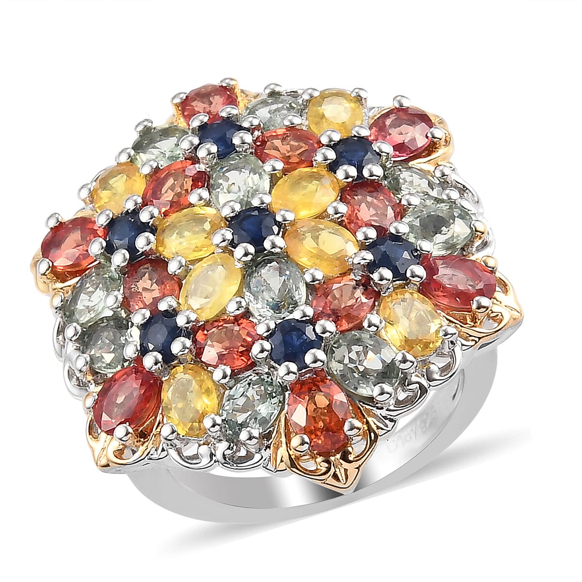 Multi Sapphire 7.50 ctw Cluster Ring in Platinum Over Sterling Silver (Size 10.0) 7.50 Grams 