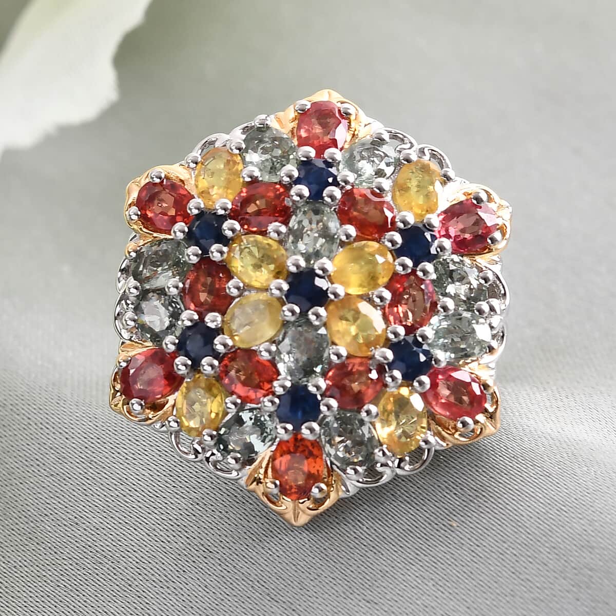 Multi Sapphire Cluster Ring in Platinum Over Sterling Silver (Size 7.0) 7.50 Grams 7.50 ctw image number 1