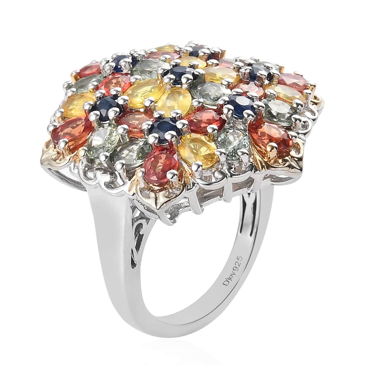 Multi Sapphire Cluster Ring in Platinum Over Sterling Silver (Size 7.0) 7.50 Grams 7.50 ctw image number 3