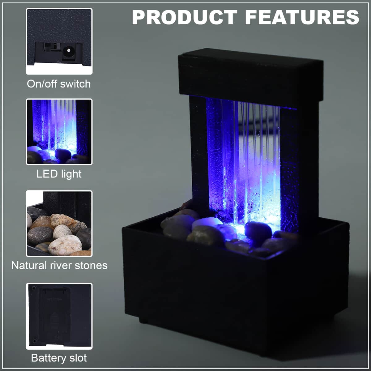 Black Mini Waterfalls Water Fountain with LED Light (4.33"x3.54"x6.69") (2xAA Battery Not Incclude) image number 2