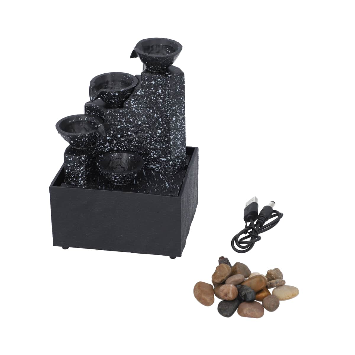 Black Mini Four Liquor Cups Water Fountain with LED Light, Battery Operated 3 Tier Table Top Indoor Outdoor Showpiece Fountain for Living Room Table Decor Bedroom Office - Water Circulation (2xAA Battery Not Included) image number 4
