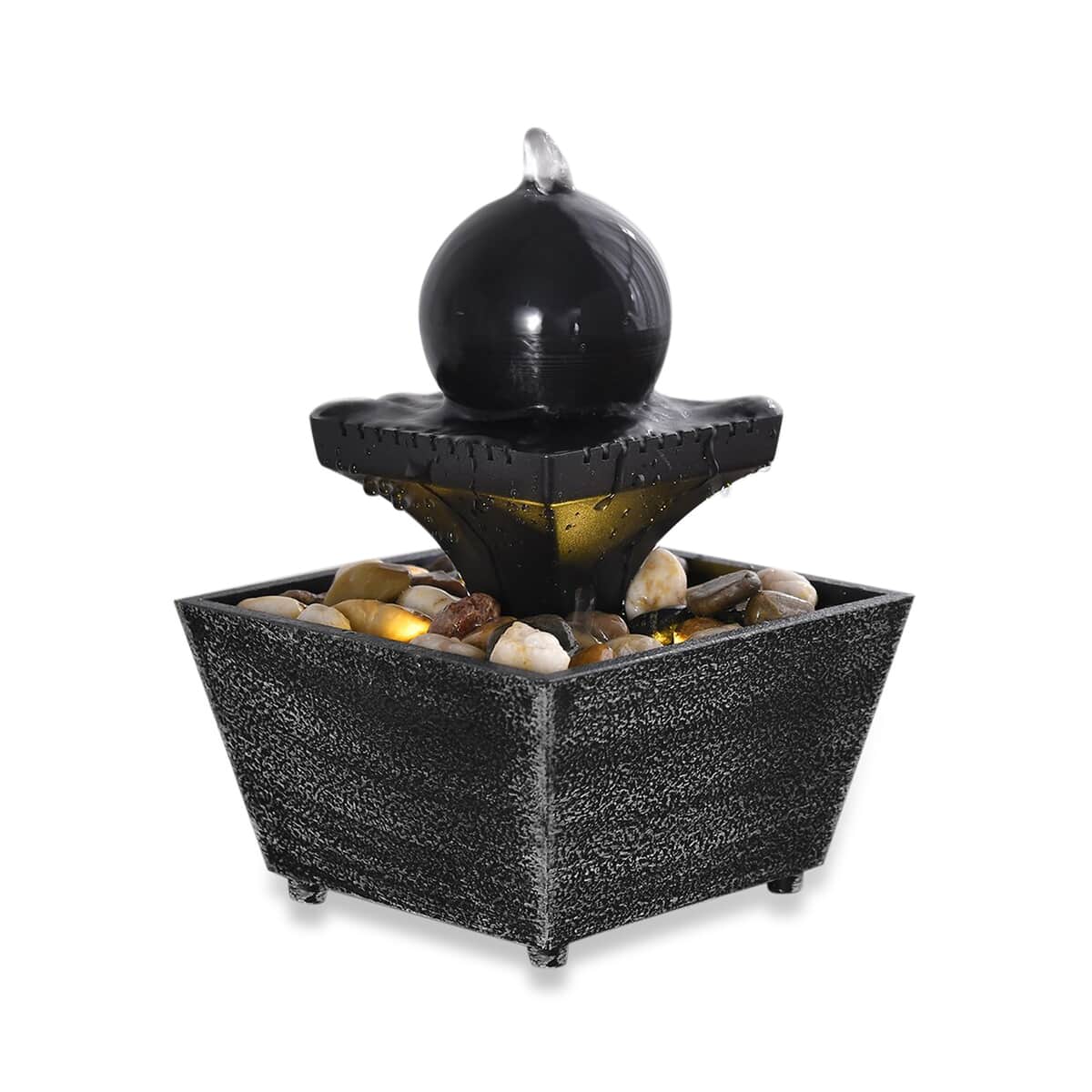 Black Mini Spherical Top Water Fountain with LED Light, Battery Operated 3 Tier Table Top Indoor Outdoor Showpiece Fountain for Living Room Table Decor Bedroom Office - Water Circulation (2xAA Battery Not Included) image number 0