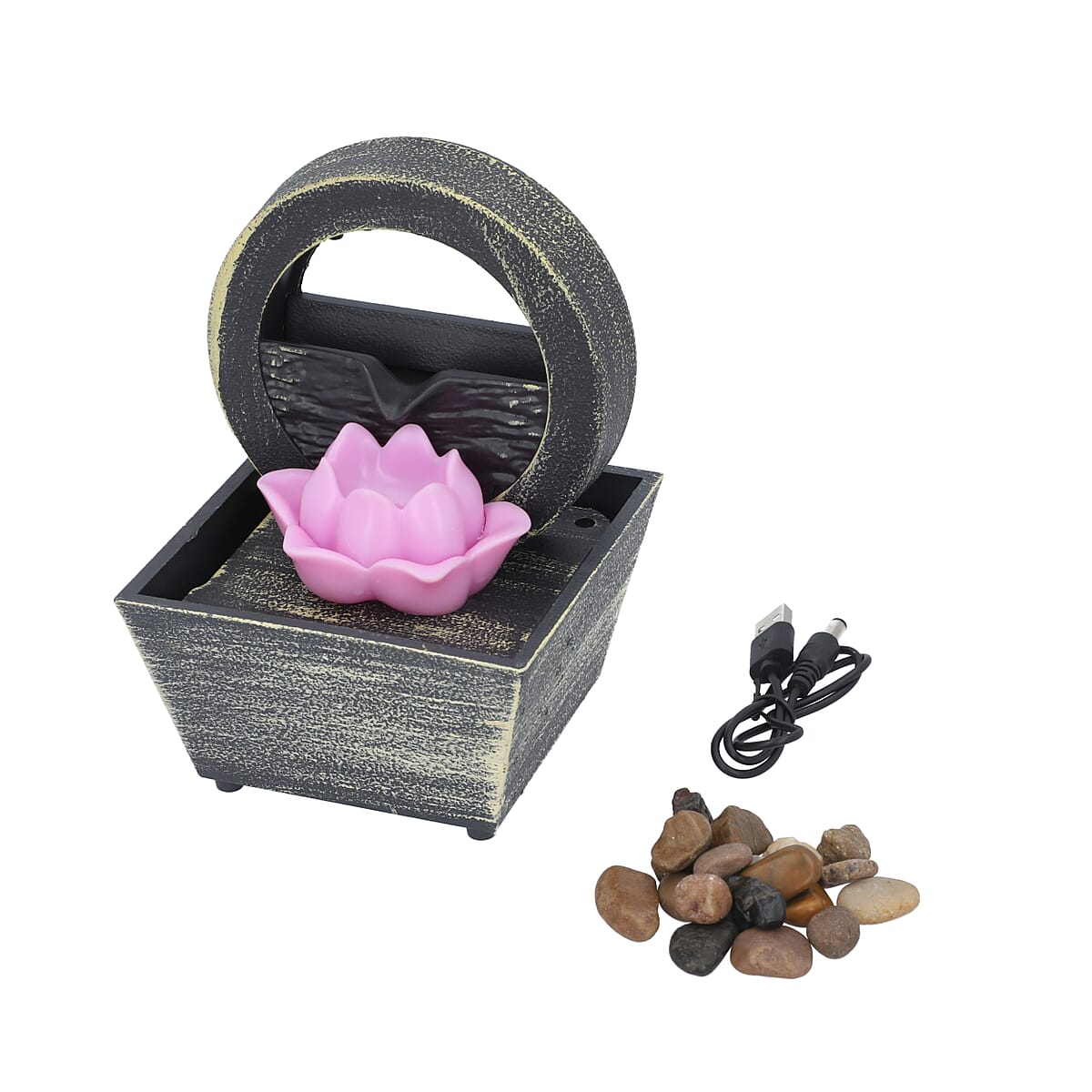 Black Mini Lotus Water Fountain with LED Light, Battery Operated Lotus Table Top Indoor Outdoor Showpiece Fountain for Living Room Table Decor Bedroom Office - Water Circulation (2xAA Battery Not Included) image number 4