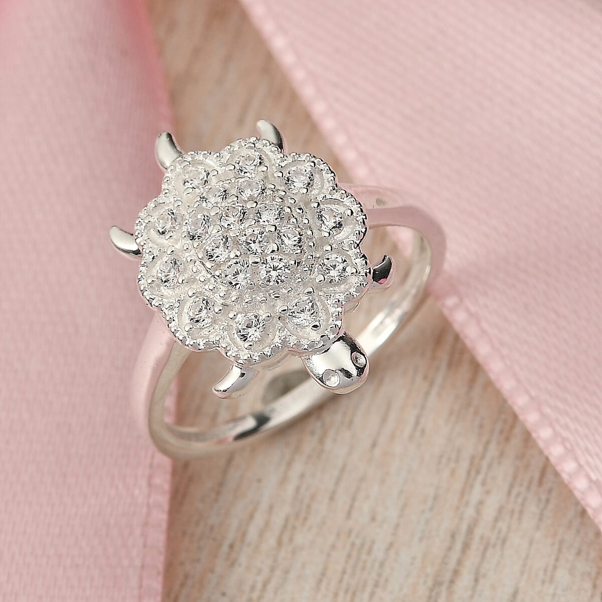 Simulated Diamond Turtle Ring in Sterling Silver (Size 8.0) image number 1