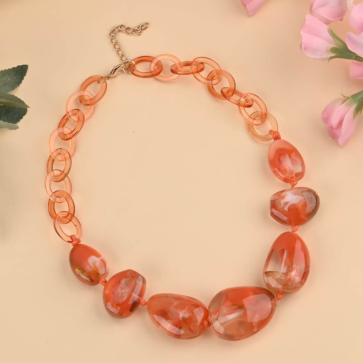 Orange Color Resin Necklace 20.5-22 Inches in Goldtone image number 1