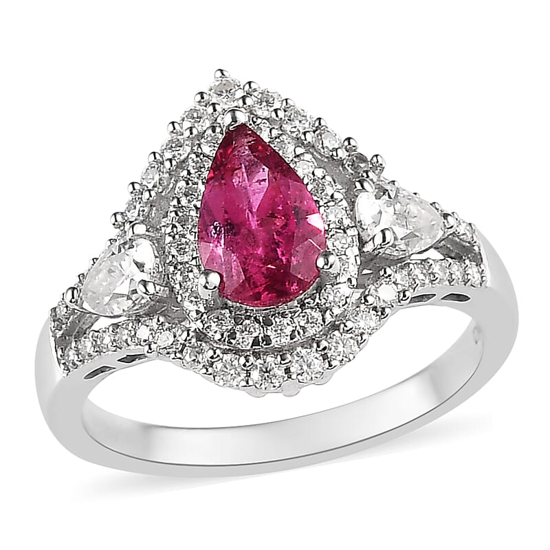Premium Ouro Fino Rubellite and Moissanite Ring in Platinum Over Sterling Silver (Size 10.0) 1.40 ctw